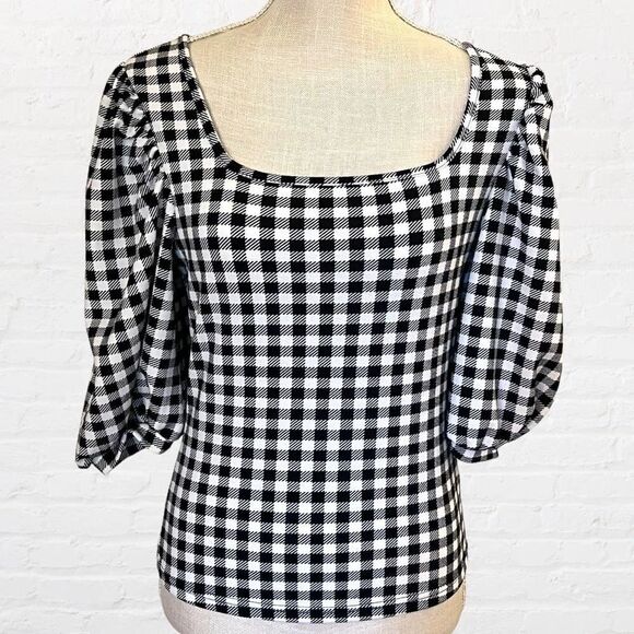 NWOT Shein, Medium, Black Checkerboard Puff Sleeve Boat Neck 3/4 Sleeve - Picture 1 of 6